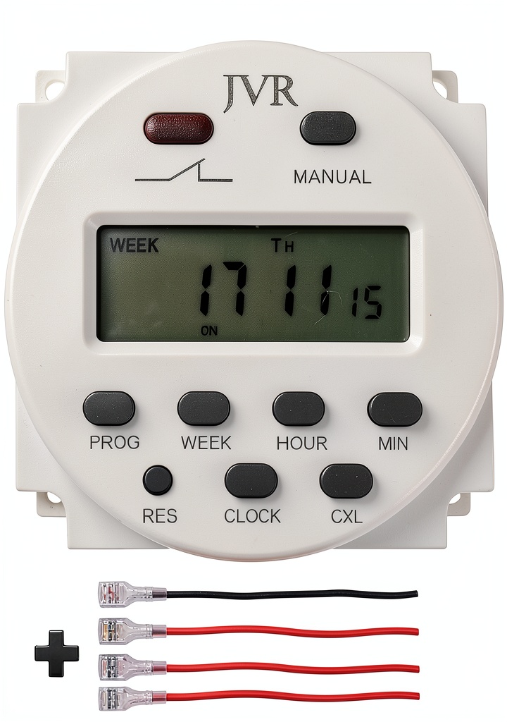 JVR timer switch mounted on a door with clear LCD display