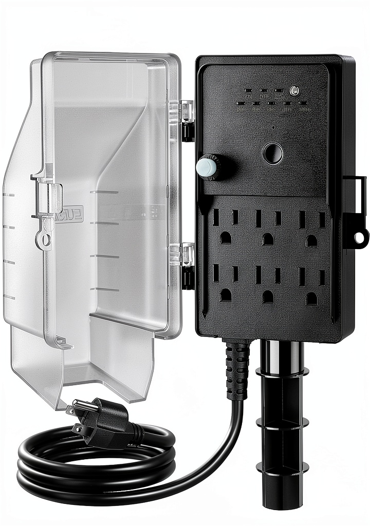 SURAIELEC outdoor timer outlet installed in a garden with lights connected